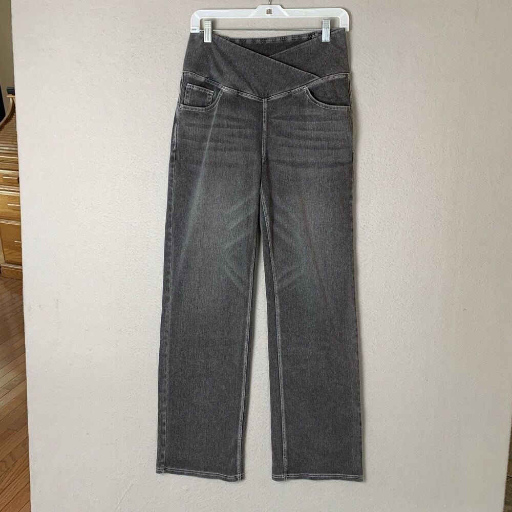 Halara Flex Denim High Waisted Crossover Jeans Size MT Black Stretch Pants